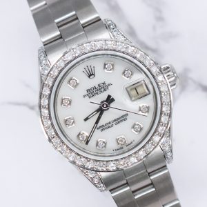 26mm Ladies Rolex Datejust with White MOP Diamond Dial, Bezel & Shoulders.