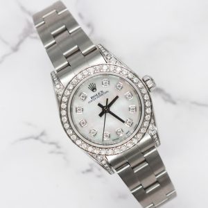 26mm Ladies Rolex Oyster Perpetual with White MOP Diamond Dial, Bezel & Shoulder - Box and Papers