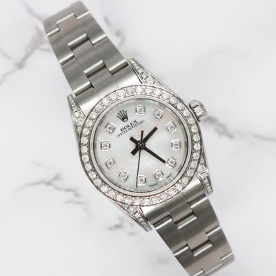 26mm Ladies Rolex Oyster Perpetual with White MOP Diamond Dial, Bezel & Shoulder - Box and Papers