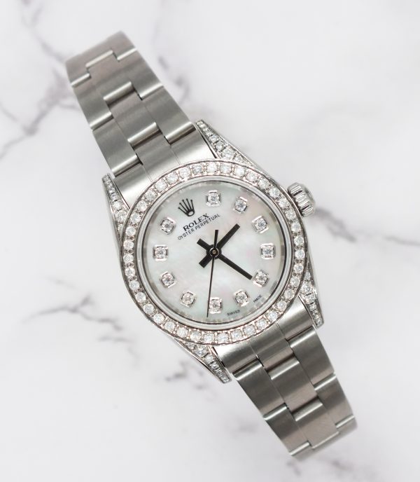 26mm Ladies Rolex Oyster Perpetual with White MOP Diamond Dial, Bezel & Shoulder - Box and Papers