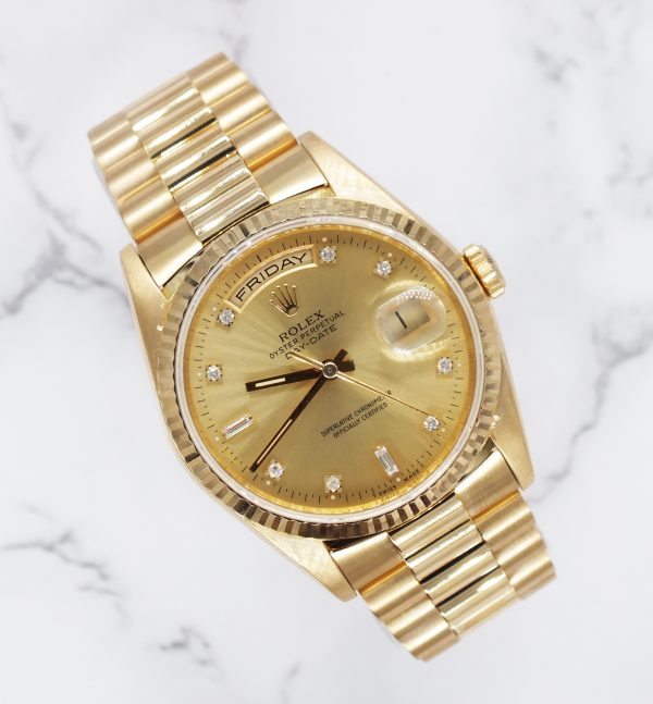 Rolex Day Date with Factory Champagne Diamond Dial - Box and Papers.