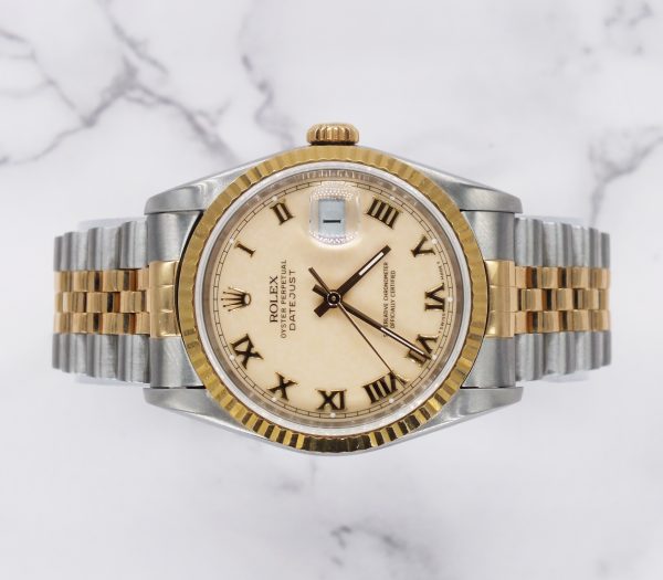 Gents Steel & Gold Rolex Datejust Factory Ivory Roman Numeral Dial Box & Papers. - Image 2