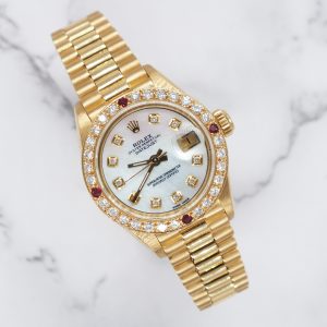 Ladies Rolex Oyster Perpetual Datejust White MOP Dial & Diamond & Ruby Bezel.