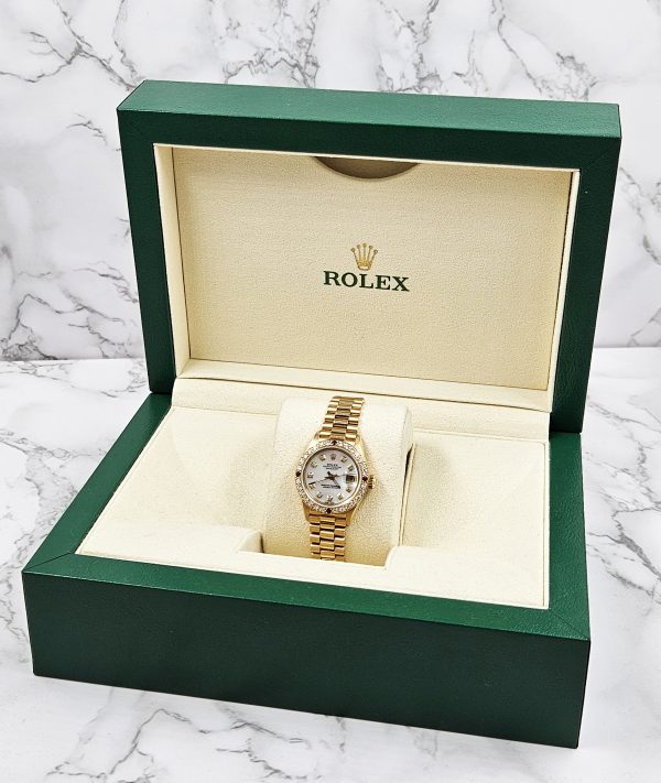 Ladies Rolex Oyster Perpetual Datejust White MOP Dial & Diamond & Ruby Bezel. - Image 10