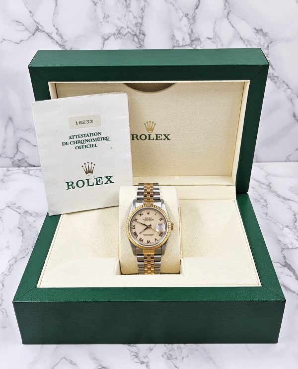 Gents Steel & Gold Rolex Datejust Factory Ivory Roman Numeral Dial Box & Papers. - Image 6