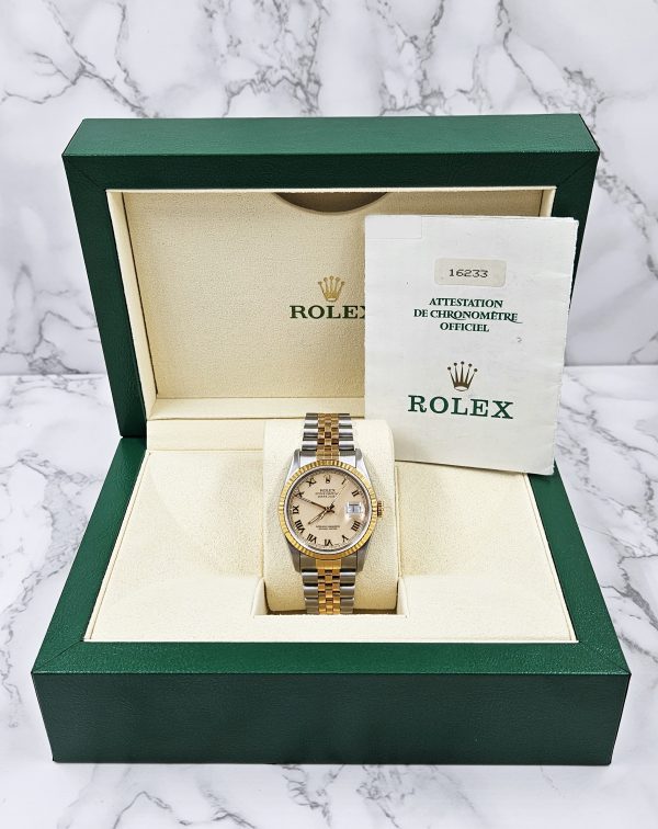 Gents Steel & Gold Rolex Datejust Factory Ivory Roman Numeral Dial Box & Papers. - Image 7
