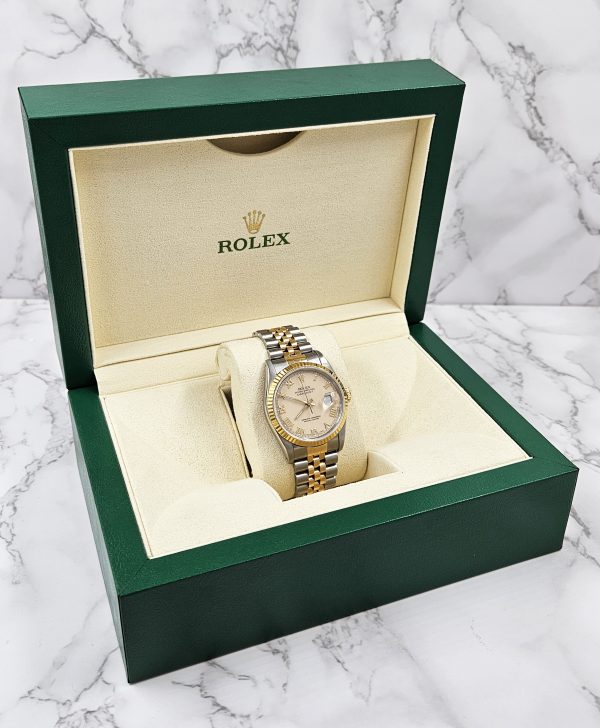 Gents Steel & Gold Rolex Datejust Factory Ivory Roman Numeral Dial Box & Papers. - Image 9