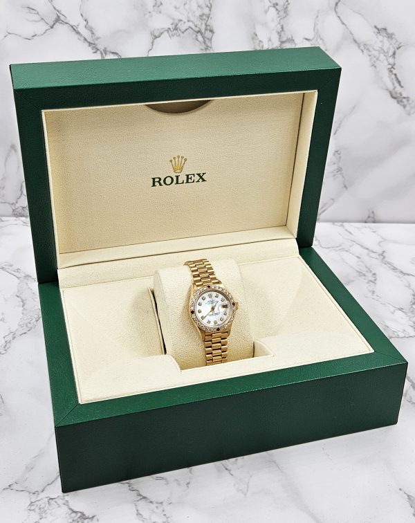 Ladies Rolex Oyster Perpetual Datejust White MOP Dial & Diamond & Ruby Bezel. - Image 11