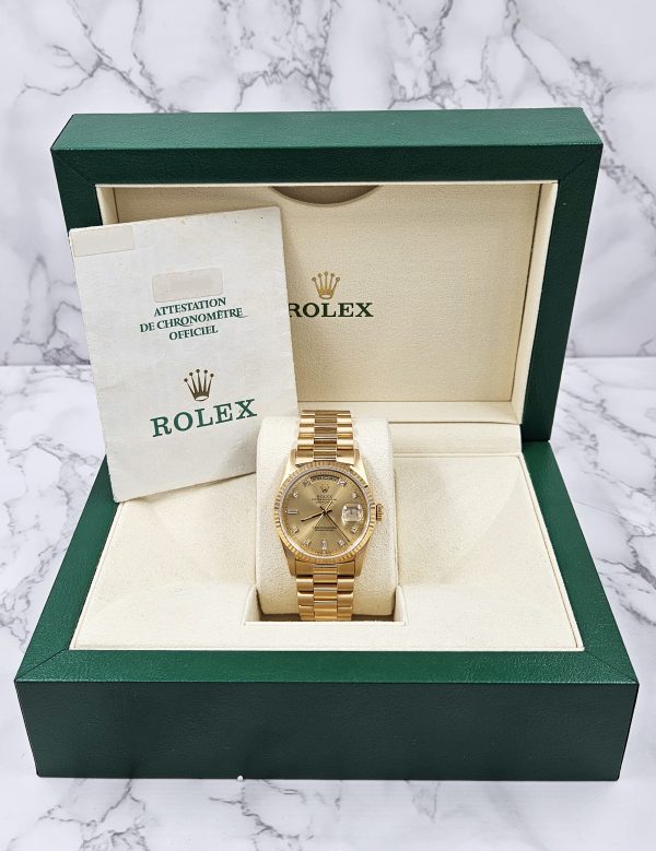 Rolex Day Date with Factory Champagne Diamond Dial - Box and Papers. - Image 7