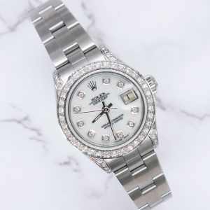 26mm Ladies Rolex Datejust with White MOP Diamond Dial, Bezel & Shoulders.