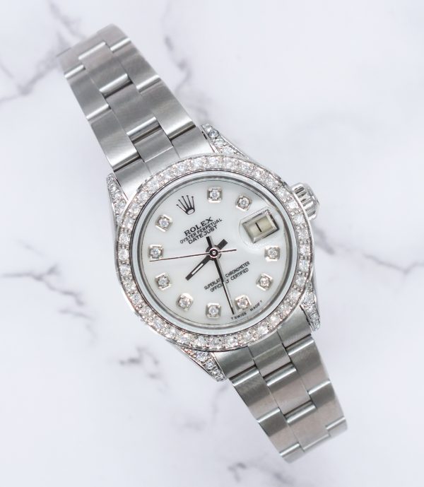 26mm Ladies Rolex Datejust with White MOP Diamond Dial, Bezel & Shoulders.