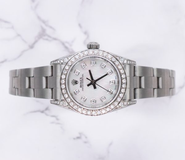 26mm Ladies Rolex Oyster Perpetual with White MOP Diamond Dial, Bezel & Shoulder - Box and Papers - Image 2