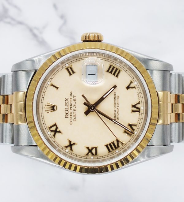 Gents Steel & Gold Rolex Datejust Factory Ivory Roman Numeral Dial Box & Papers. - Image 3