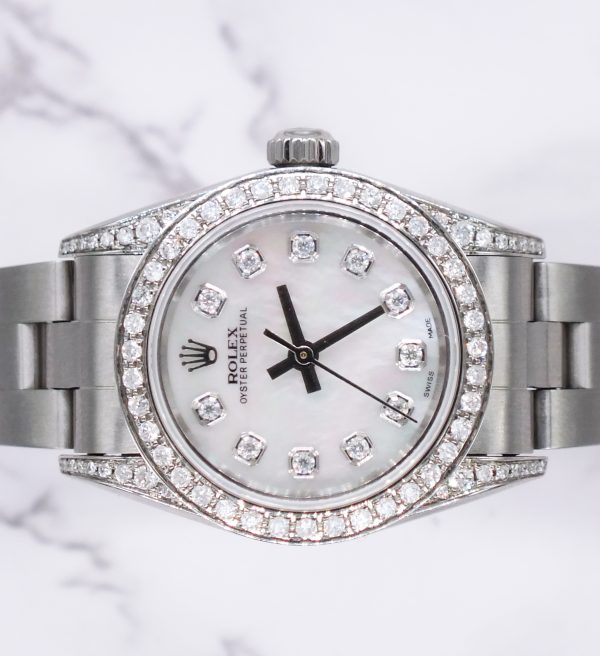 26mm Ladies Rolex Oyster Perpetual with White MOP Diamond Dial, Bezel & Shoulder - Box and Papers - Image 3