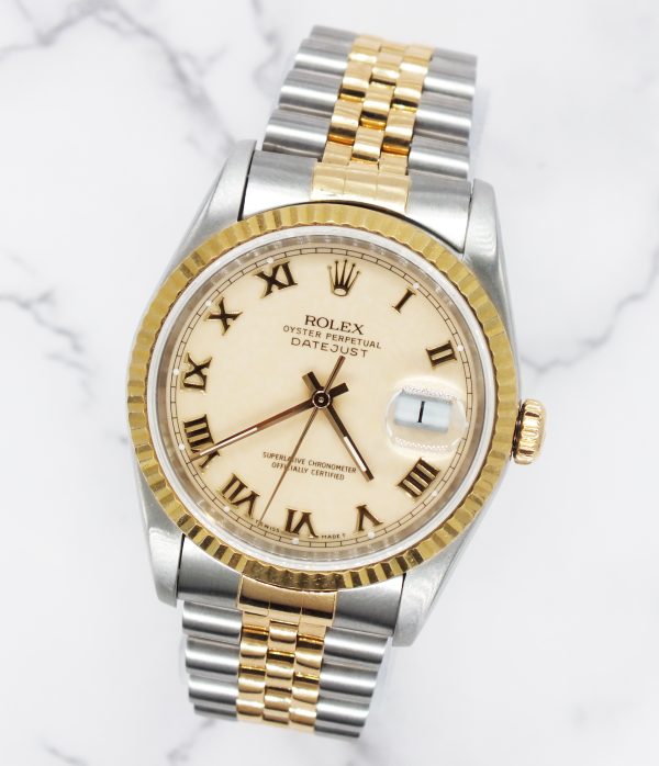 Gents Steel & Gold Rolex Datejust Factory Ivory Roman Numeral Dial Box & Papers. - Image 4