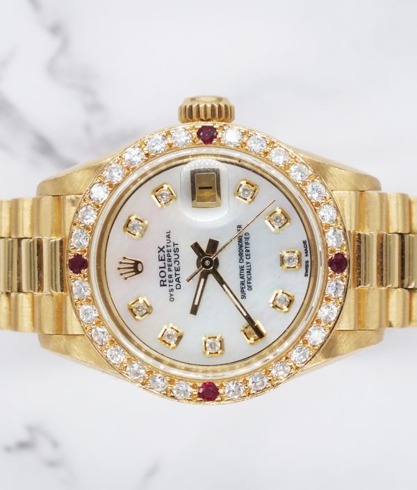 Ladies Rolex Oyster Perpetual Datejust White MOP Dial & Diamond & Ruby Bezel. - Image 3