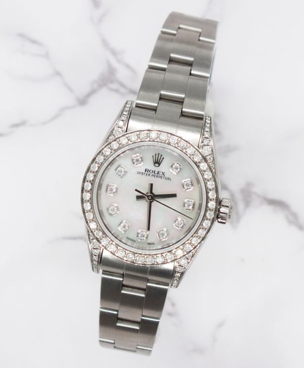 26mm Ladies Rolex Oyster Perpetual with White MOP Diamond Dial, Bezel & Shoulder - Box and Papers - Image 4