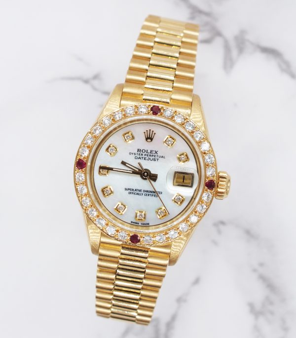 Ladies Rolex Oyster Perpetual Datejust White MOP Dial & Diamond & Ruby Bezel. - Image 4