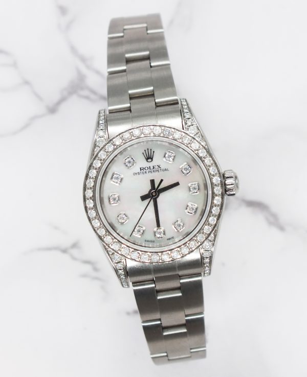 26mm Ladies Rolex Oyster Perpetual with White MOP Diamond Dial, Bezel & Shoulder - Box and Papers - Image 5