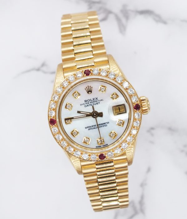 Ladies Rolex Oyster Perpetual Datejust White MOP Dial & Diamond & Ruby Bezel. - Image 5