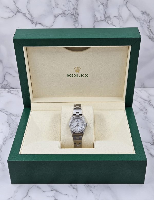 26mm Ladies Rolex Oyster Perpetual with White MOP Diamond Dial, Bezel & Shoulder - Box and Papers - Image 6