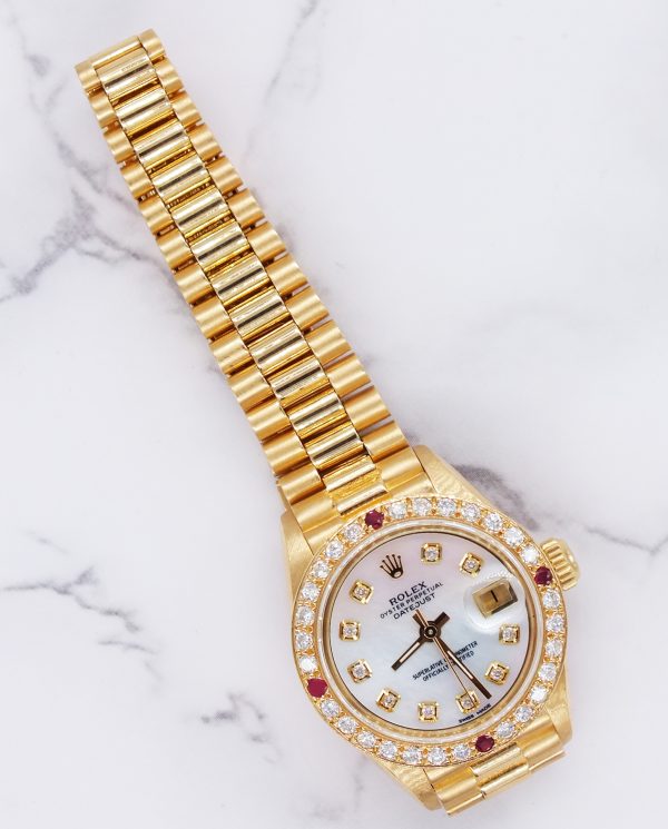 Ladies Rolex Oyster Perpetual Datejust White MOP Dial & Diamond & Ruby Bezel. - Image 6