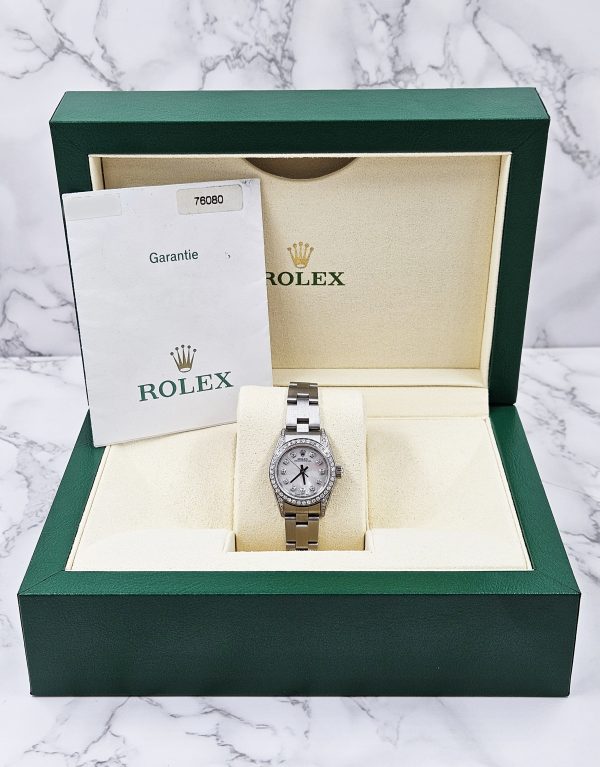 26mm Ladies Rolex Oyster Perpetual with White MOP Diamond Dial, Bezel & Shoulder - Box and Papers - Image 7