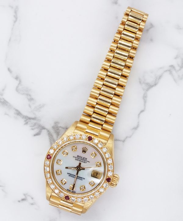 Ladies Rolex Oyster Perpetual Datejust White MOP Dial & Diamond & Ruby Bezel. - Image 7