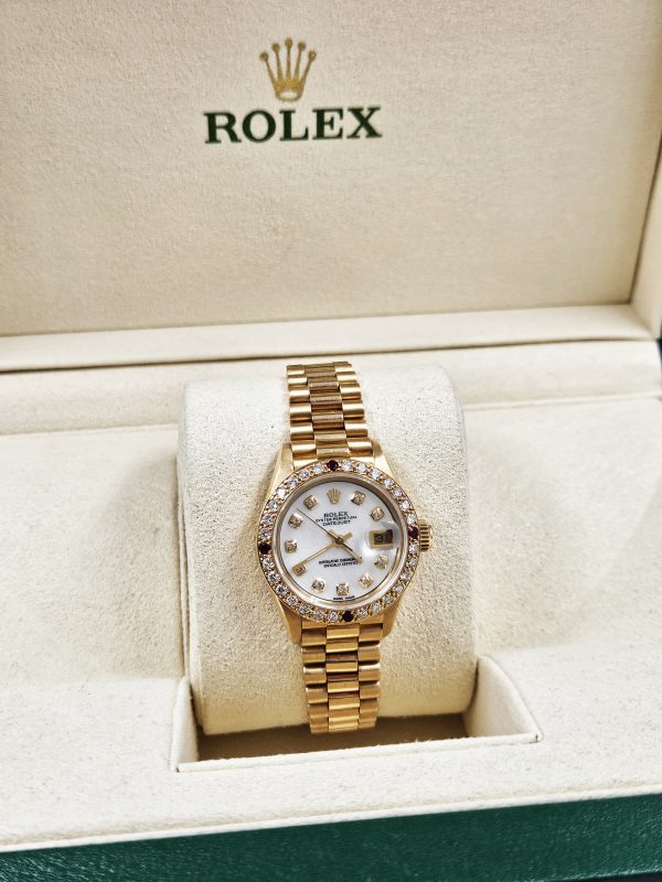 Ladies Rolex Oyster Perpetual Datejust White MOP Dial & Diamond & Ruby Bezel. - Image 8