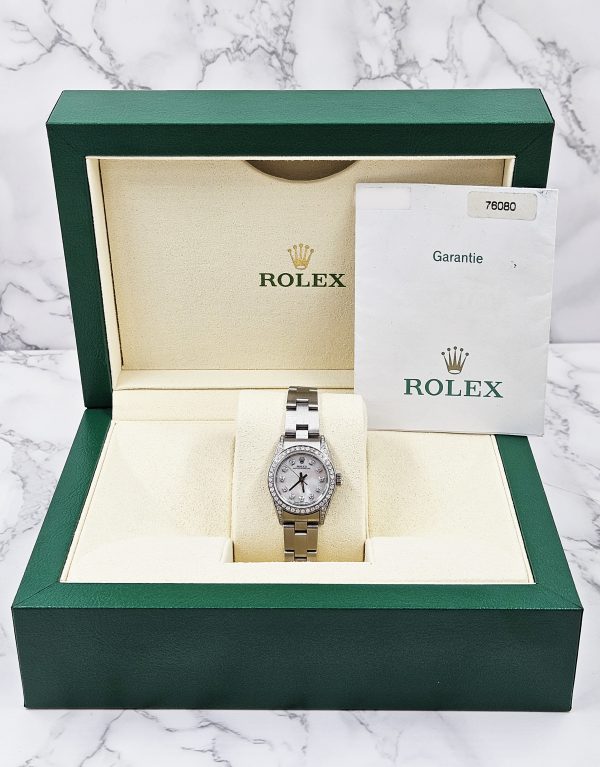 26mm Ladies Rolex Oyster Perpetual with White MOP Diamond Dial, Bezel & Shoulder - Box and Papers - Image 8