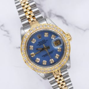 Ladies Rolex Datejust with Blue MOP Diamond Dial & Diamond Bezel – BOX & PAPERS