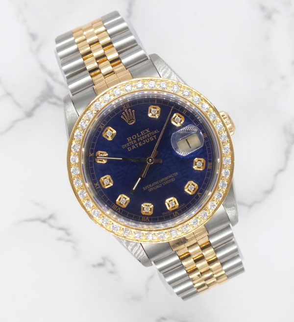 Stunning / Mint Rolex Oyster Perpetual Datejust with Blue Jubilee Diamond dial and Diamond Bezel - Rolex Box & Papers.