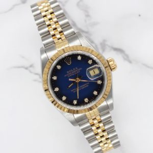 Ladies Rolex Datejust in Steel & Gold with Factory Blue Vignette Dial – BOX & PAPERS