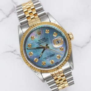 Gents Steel & Gold Rolex Datejust 16233 Blue MOP Diamond Dial - Box & Papers!