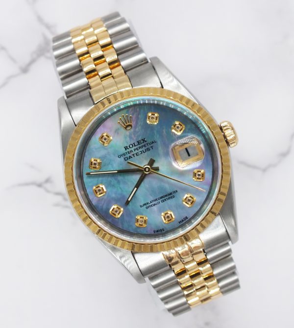 Gents Steel & Gold Rolex Datejust 16233 Blue MOP Diamond Dial - Box & Papers!