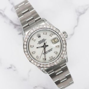 Ladies 26mm Rolex Datejust with White MOP Diamond Dial, Bezel & Shoulders.