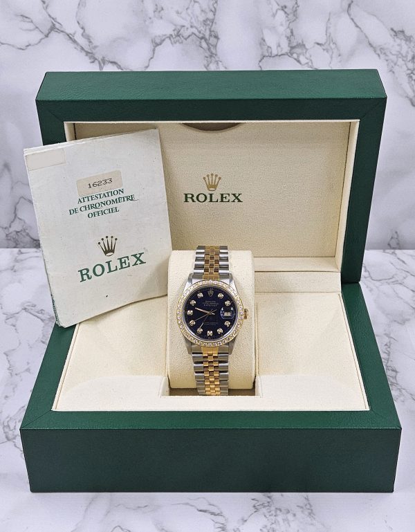 Stunning / Mint Rolex Oyster Perpetual Datejust with Blue Jubilee Diamond dial and Diamond Bezel - Rolex Box & Papers. - Image 7