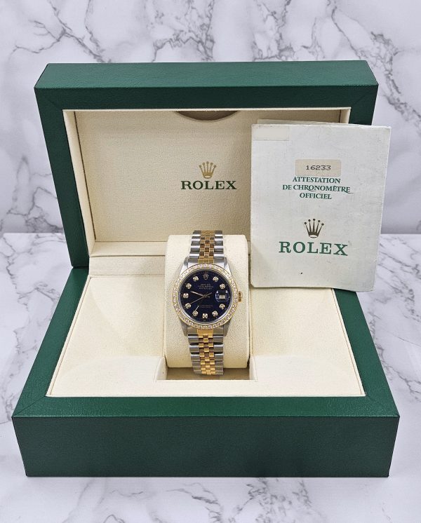 Stunning / Mint Rolex Oyster Perpetual Datejust with Blue Jubilee Diamond dial and Diamond Bezel - Rolex Box & Papers. - Image 8