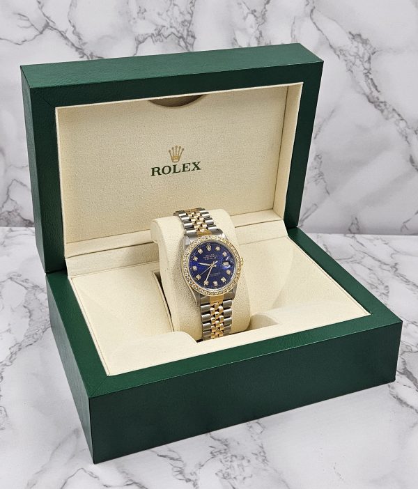 Stunning / Mint Rolex Oyster Perpetual Datejust with Blue Jubilee Diamond dial and Diamond Bezel - Rolex Box & Papers. - Image 9