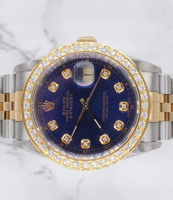 Stunning / Mint Rolex Oyster Perpetual Datejust with Blue Jubilee Diamond dial and Diamond Bezel - Rolex Box & Papers. - Image 3