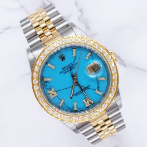 Rolex Datejust Mens Steel & 18ct Yellow Gold with Blue Stone Diamond Dial & Bezel
