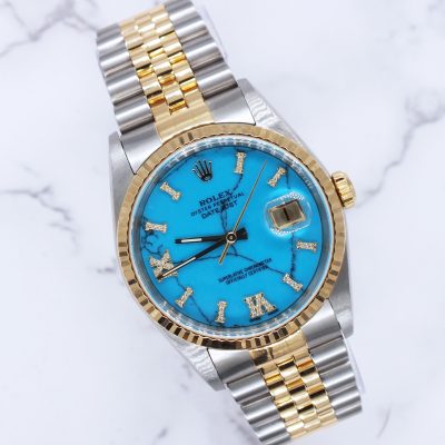 Rolex Datejust Mens Steel & 18ct Yellow Gold with Blue Stone Diamond Dial.