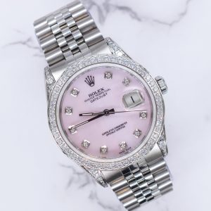 Rolex Datejust Mens 36mm with Pink MOP Diamond Dial, Diamond Bezel & Shoulders