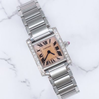 Ladies Cartier Tank Francaise with Pink MOP Dial and VVS Diamond Bezel - Boxed.