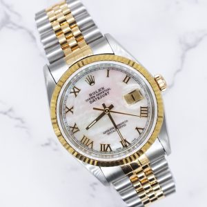 MINT Gents Steel & Gold Rolex Datejust White MOP Roman Dial with Box & Papers.