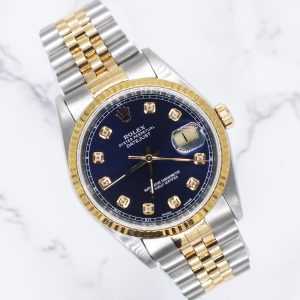 Gents Steel & Gold Rolex Datejust with Submariner Blue Diamond Dial, Box & Paper