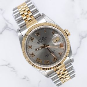 Rolex Datejust Mens in steel & gold with Grey Roman Numeral Dial, Box & Paper
