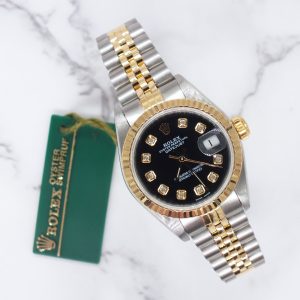 Ladies Rolex Datejust in Steel & Gold with Black Diamond Dial – BOX & PAPERS