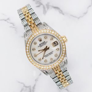 Ladies Rolex Datejust with White MOP Diamond Dial, Bezel, Shoulders & Bracelet