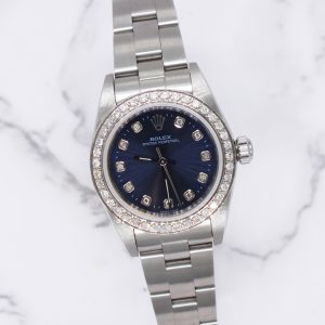 Ladies Stainless Steel Rolex Oyster Perpetual With Diamond Dial and Bezel.